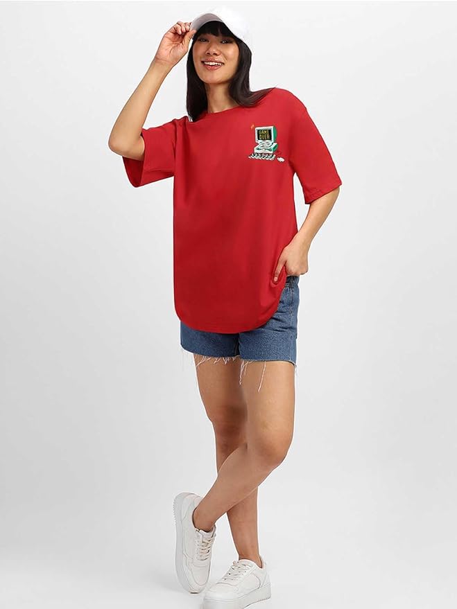 JUNEBERRY® Oversize Loose Baggy Fit Drop Shoulder Cool and Stylish Latest Pocket Print Print Design Multicolor Half Sleeve T-Shirt for Women & Girls